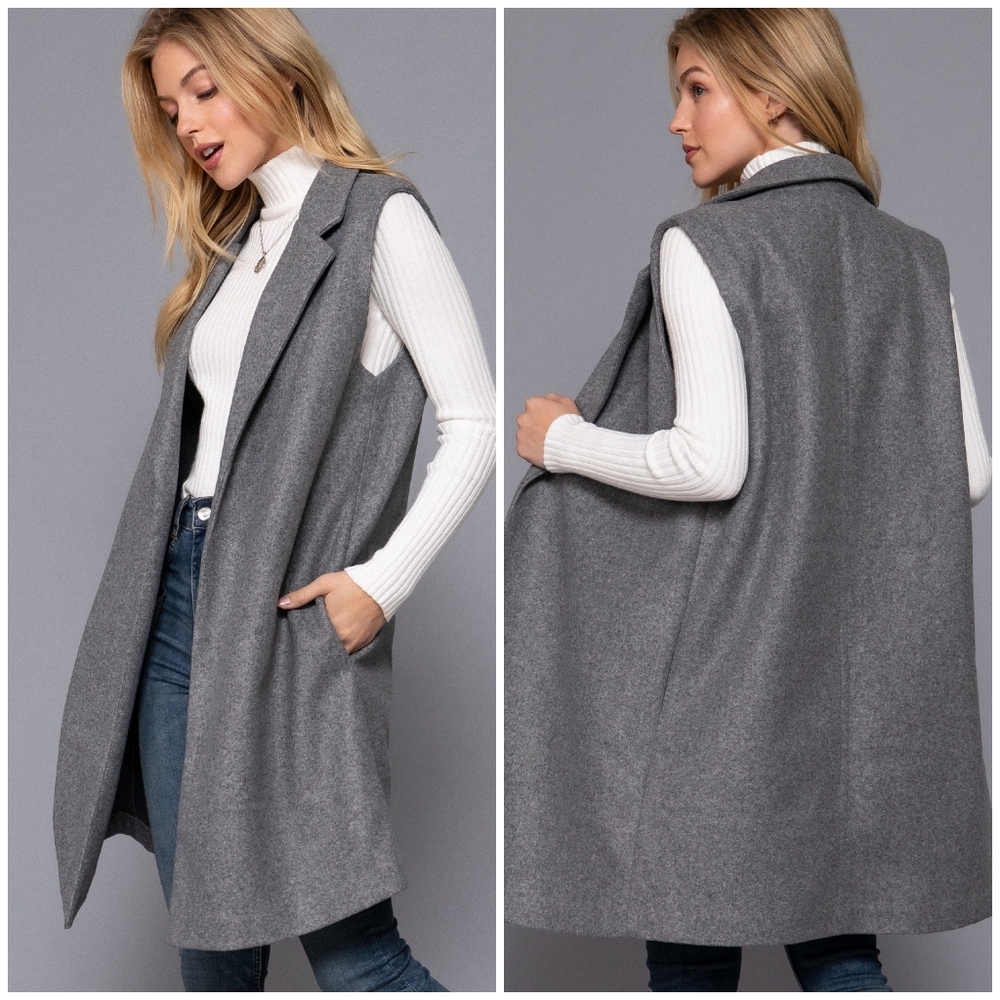 Sophisticated Chic Charcoal Gray Peacoat Vest - Picture 2 of 9